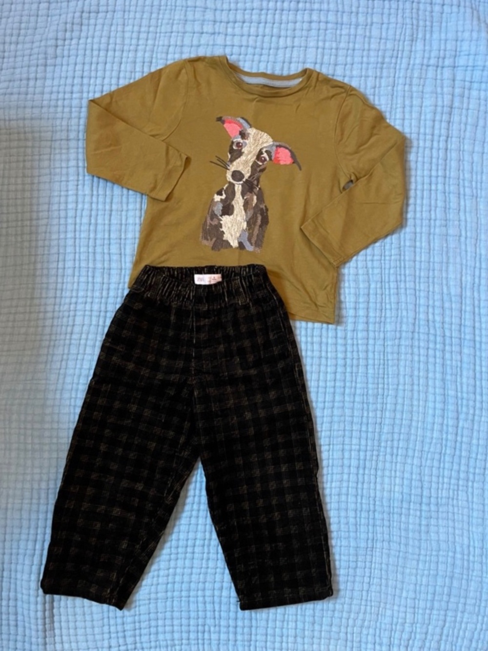 Mini Boden Boys Olive Green Superstitch Dog Long Sleeve & Plaid Corduroy Pants
